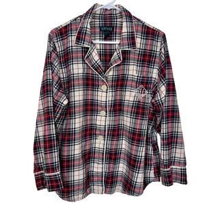 Lauren Ralph Lauren Plaid Pajama Top Long Sleeve Button Down Cotton Red Navy XL